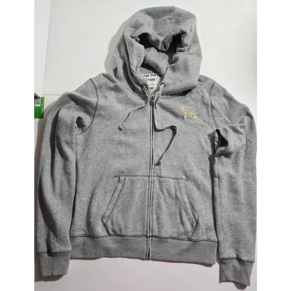 Victoria's Secret PINK Rainbow Sequin Bling Full Zip Hoodie Gray Size Large EUC